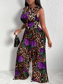 Slaydiva 大码花卉豹纹图案休闲连体裤，夏季