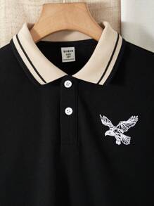 Vacaura 青少年男孩时尚简约黑鹰刺绣长袖 Polo 衫 - 黑色 - 查看 6