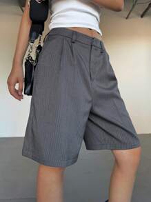 SHEIN EZwear 女士条纹口袋灰色编织百慕大短裤