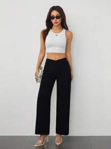 SHEIN PETITE 女士休闲优雅腰部交叉剪裁直筒裤 - 黑色 - 查看 3