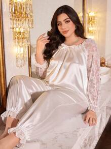 Plus Size Solid Color Lace Patchwork Lantern Sleeve Top And Pants Elegant Pajama Set