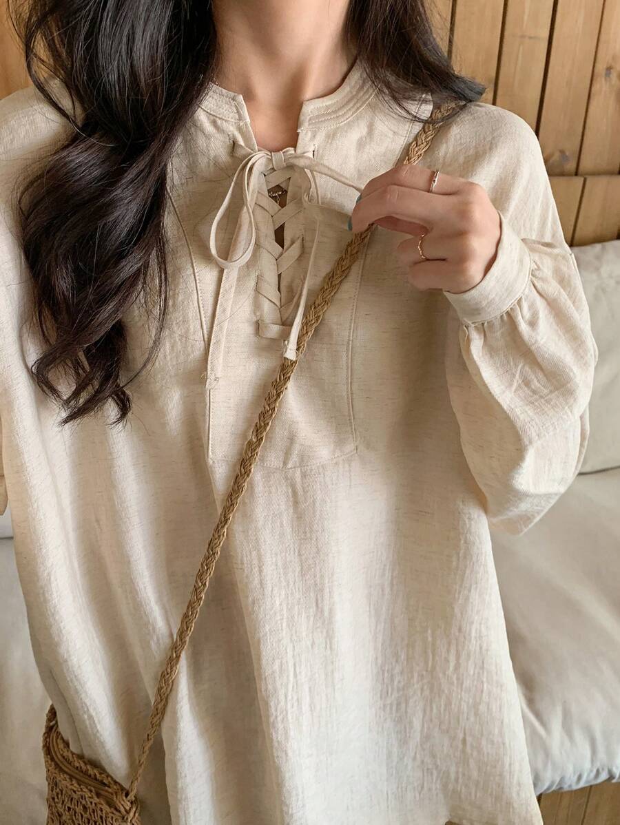FRIFUL 女式杏色超大亚麻衬衫，带领带设计，春季服装，秋季服装长袖上衣
