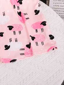 女士绵羊星月印花针织睡袍，粉色圆领短袖长裙家居服 - 粉色 - 查看 4