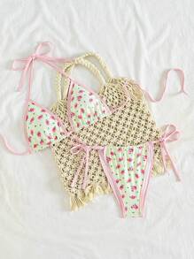 Swim Mod Set de bikini pentru femei Ditsy Floral, cu garnitură în contrast, cu cravată laterală, vacanță de vară la plajă