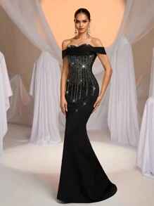 Glamrae Elegant Black Handmade Hot Diamond Sexy One Shoulder Pleated Fishtail Skirt With Train Suitable For Valentine's Day Party Dinner Dress - Black - View 5