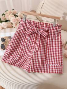 SHEIN Frenchy Women Plus Size Fashion Red & White Plaid Casual Short Sleeve Top With Drawstring Design And Matching Loose Fit Shorts, Stylish For Spring & Summer - Red - View 5