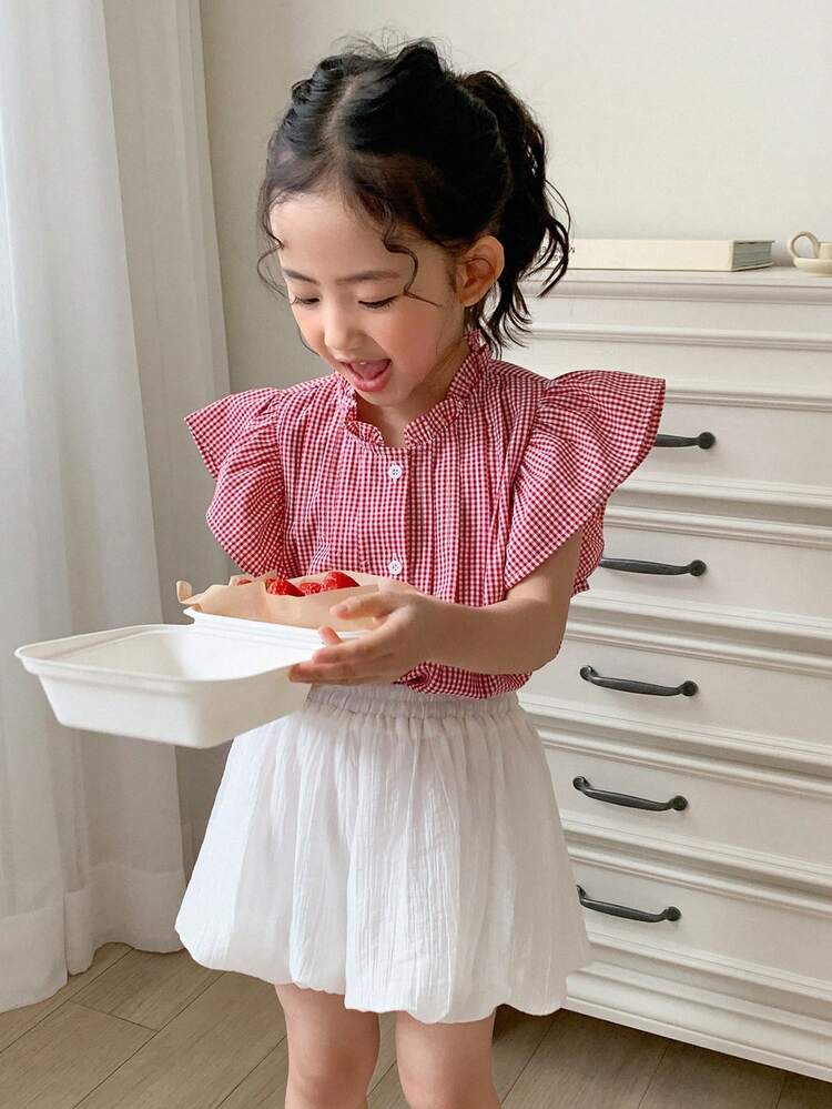 2pcs/Set Young Girl Girls Retro Cute Gingham Shirt With Frill Trim And Shorts, Summer Outfit