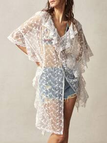 Bohemela Boho Women's Floral Sheer Mesh Batwing Sleeve Loose Top, Beach Cover Up - White - View 7