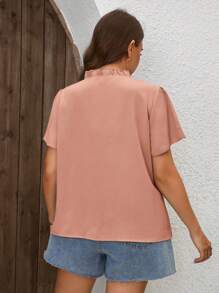 SHEIN Clasi Blusa de manga abullonada con cuello anudado de unicolor para tallas grandes, de estilo casual de verano
