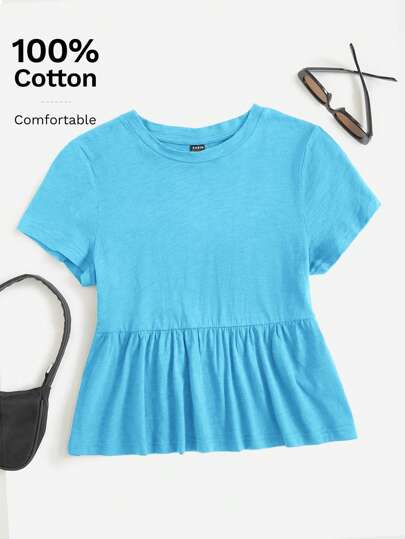 SHEIN EZwear Blue Plus Size Women Round Neck Patchwork A-Line Solid Cotton Casual Dress T-Shirt