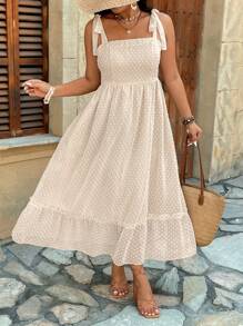 SHEIN Clasi Plus Size Jacquard Fabric Ruffle Stitching A-Line Solid Color Peasant Style Tie-Strap Dress, Beach Outfits - Apricot - View 7