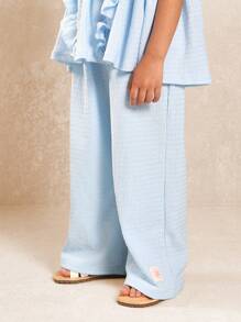 SUMWON 纹理针织荷叶边袖两件套女童套装夏季休闲阔腿春季假日套装日间特殊场合儿童套装