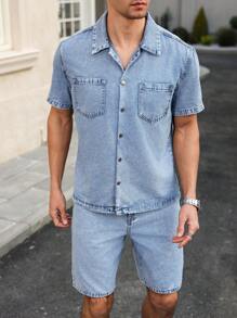 Manfinity Homme 2 件男士短袖单排扣衬衫和牛仔短裤套装