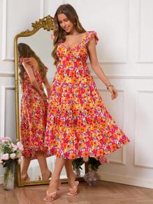 SHEIN VCAY Women's Vacation Casual Short Ditsy Floral Mid-Length Dress,Elegant - Orange - View 2