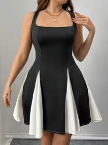 Flirla Plus Size Women's Fashion Contrast Color Simple Square Neck Dress For Summer - Black and White - View 5