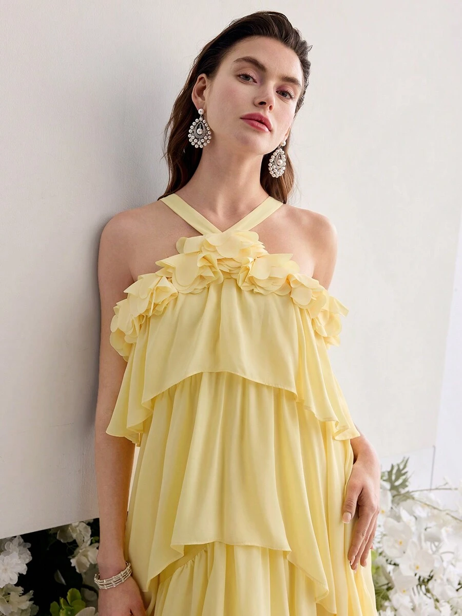 MOTF PREMIUM 立体花卉荷叶边连衣裙 - 黃色 - 查看 2