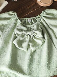 SHEIN Young Girl Ruffle Trim Bow Decor Short Puff Sleeve Shirt - Multicolor - View 5