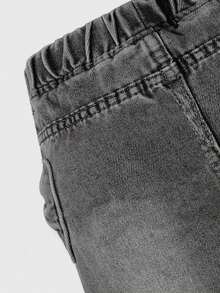 SHEIN Casuvi Kids Girls Young Girl Casual All-Match Versatile Cute Bow Jacquard Pocket Loose Straight Washed Denim Jeans, Comfortable For Daily Wear, School, Campus, College Summer Holiday - Black - View 8