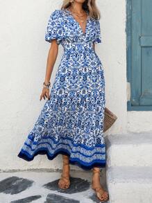 Breezaya Women's Spring/Summer Boho French Commuter Casual Vacation Blue & White Floral Prints V-Neck Waist Ruffle Hem Flare Sleeve Dress - Blue - View 5