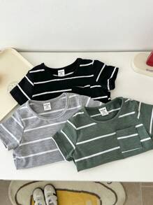 SHEIN Vintaside Kids 3 pièces Ensemble de Top rayé unisexe pour bébé garçon, noir, gris et vert olive - Couleurs assorties convenant à toutes les occasions en été. Vêtements de bébé garçon, hauts pour bébés garçons, vêtements pour garçons, vêtements de bébé garçon, hauts pour bébés garçons