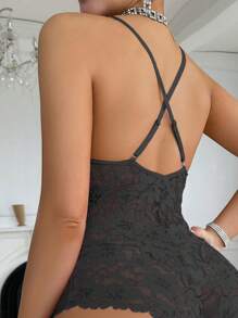 Women Floral Lace Hollow Camisole Romper Pajamas