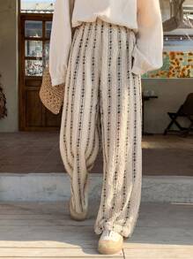 FRIFUL Damskie spodnie z szerokimi nogawkami i geometrycznym nadrukiem na co dzień na wakacje - Kolor khaki - Zobacz 1