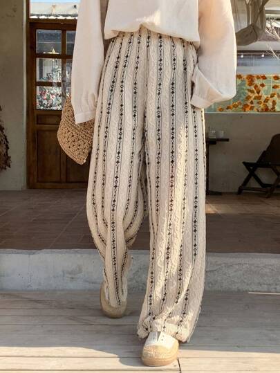 FRIFUL Women's Geometric Print Wide Leg Casual Vacation Pants