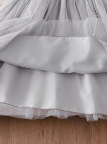 Girls' Fashion Stand Collar Short Sleeve Elastic Waist A-Line Mesh Puffy Dress, Spring/Summer - Grey - View 6