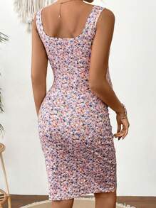 SHEIN 孕妇休闲碎花印花背心紧身连衣裙 - 粉色 - 查看 2