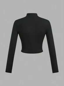 Slaydiva 2 Stücke Damen einfache lässige Herbst-Winter Stretch T-Shirts mit halber Reißverschluss, V-Ausschnitt und langem engen Ärmel, weiß und schwarz