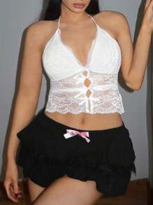 Allurite Plus Size Women's Multi-Layered Lace Patchwork Bowknot Mini Skirt - Black - View 4