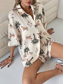 SHEIN Essnce 2 件套女士度假棕榈树印花短袖衬衫和短裤 - 彩色 - 查看 4