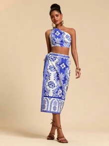 Travachic 2 件套服装：度假风格蓝白印花扭结肩上衣 + 裹身直筒裙 - 藍色 - 查看 6