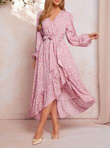 SHEIN Clasi Women Daisy Print Tie Waist Long Sleeve Dress With Ruffle Hem, Elegant Casual Dress For Daily Wear - Multicolor - View 1