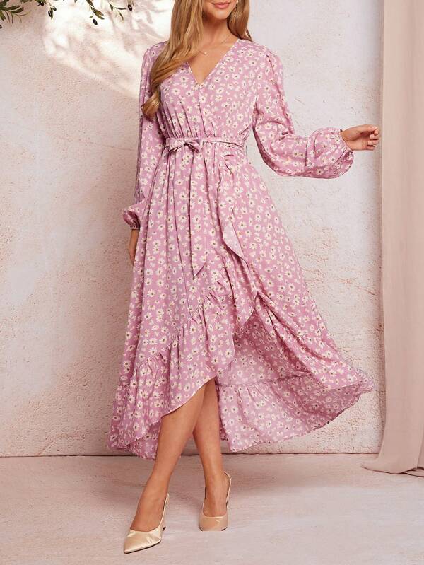 Amorya Rochie Femeie Daisy Print Tie Cu Maneca Lunga Cu Volane, Rochie Casual Eleganta Pentru Purtare Zilnica