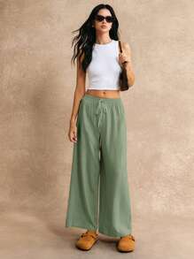Poéselle Quần Palazzo cạp thắt nút Quần dài đi nghỉ hè - Màu xanh Bạc hà - Xem 8
