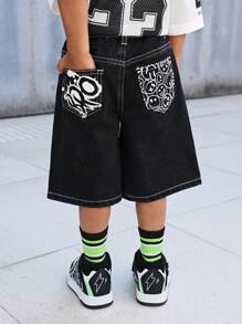SHEIN 男童夏季街头酷炫白色涂鸦印花宽松黑色百慕大牛仔短裤，春夏街头服饰，春假 - 黑色 - 查看 2