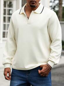 Manfinity Homme Plus Size Men Casual Minimalist Contrast Trim Long Sleeve Polo Shirt, Fall - Khaki - View 3