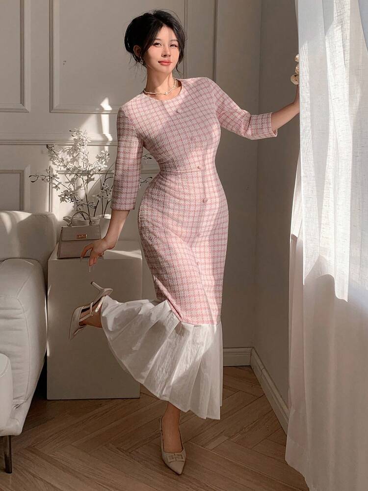 Color Block Plaid Pattern Elegant Date Outfit Fish Tail Midi Dress For Women With Mid-Sleeves Elegant,Ruffle Cocktail Dress