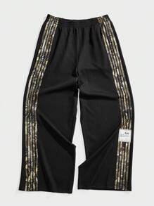 Forever 21 Men's Black Textured Fabric Super Loose Trousers With Tree Branch Camouflage Stripes And Large Woven Label, Suitable For Daily Wear - Black - View 1