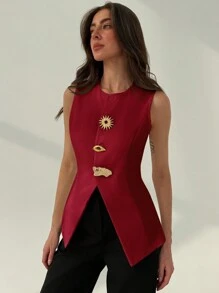 Aloruh Minimalistisch High-End Kantoor Ronde Hals Getailleerd Metalen Decor Split Zoom Wit Dames Business Blazer, Herfst/Winter