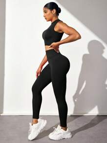 Easithlete Women Solid Color Seamless Crew Neck Sleeveless Top And Long Pants Sports Set Gym Set For Chinese New Yearwomen Workout Set - Black - View 6