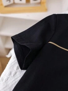 SHEIN 男婴休闲字母印花宽松短袖T恤和工装短裤套装，夏季 - 卡其色 - 查看 6