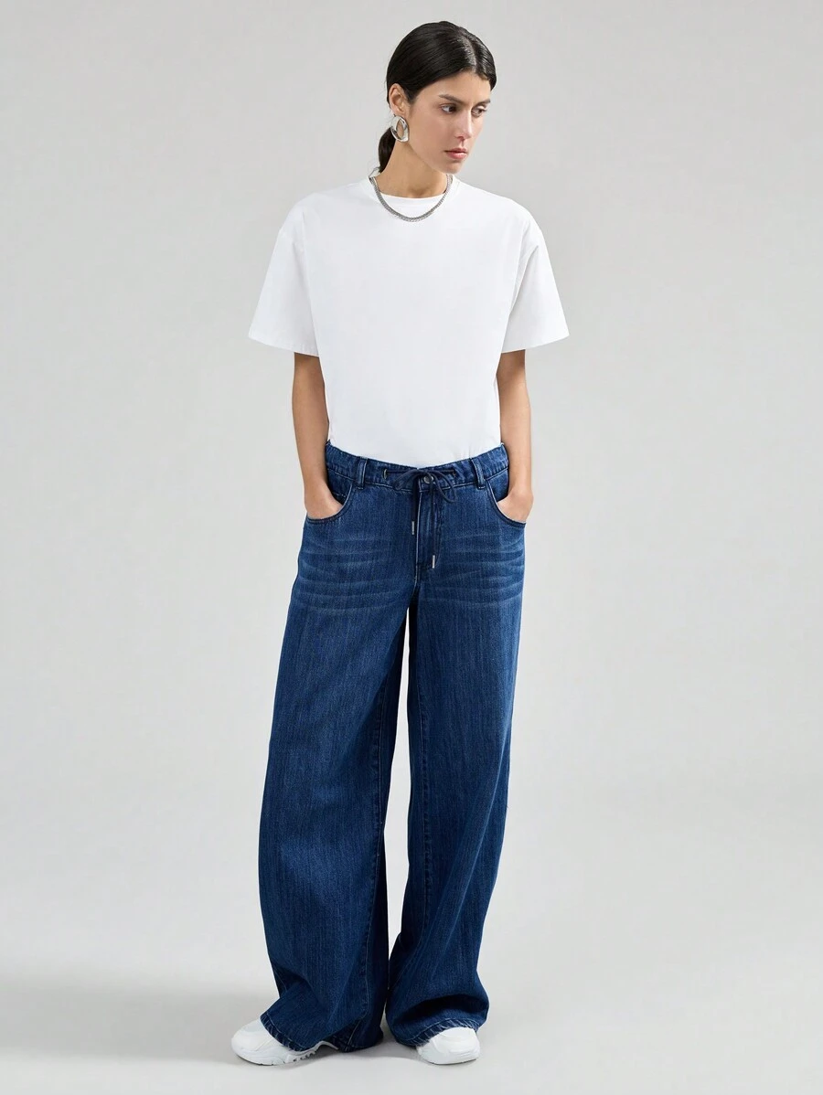 Ontre Women's Dark Blue Jeans Casual Low Rise Wide Leg Pants Drawstring Waistband Spring Jeans - Dark Wash - View 1