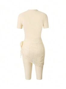 Swim Shayni 3 件套新款夏季纯色女士圆领短袖前拉链上衣、中长裤和抽绳腰沙滩裙保守度假布基尼套装 - 杏色 - 查看 4