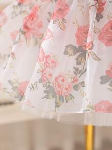 SHEIN Glamorique Kids 女婴玫瑰印花欧根纱薄纱盖袖缎面泡泡袖连衣裙，适合婚礼、花童、派对