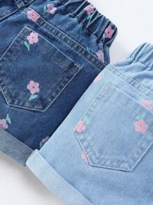 Denimly Young Girls 2pcs/Set Casual Urban Cute Floral Print Denim Shorts With Elastic Waist, Ruffled Hem And Bow Accent