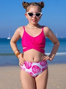Tween Girls Random Printed Simple Fashionable Casual Swimwear For Daily Wear - Hot Pink - View 3