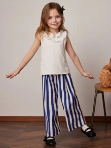 PrepCrw Conjunto de 2 piezas para niñas jóvenes: Camisa blanca con volantes + Pantalones a rayas azules y blancas, primavera/verano - Azul y blanco - Ver 1