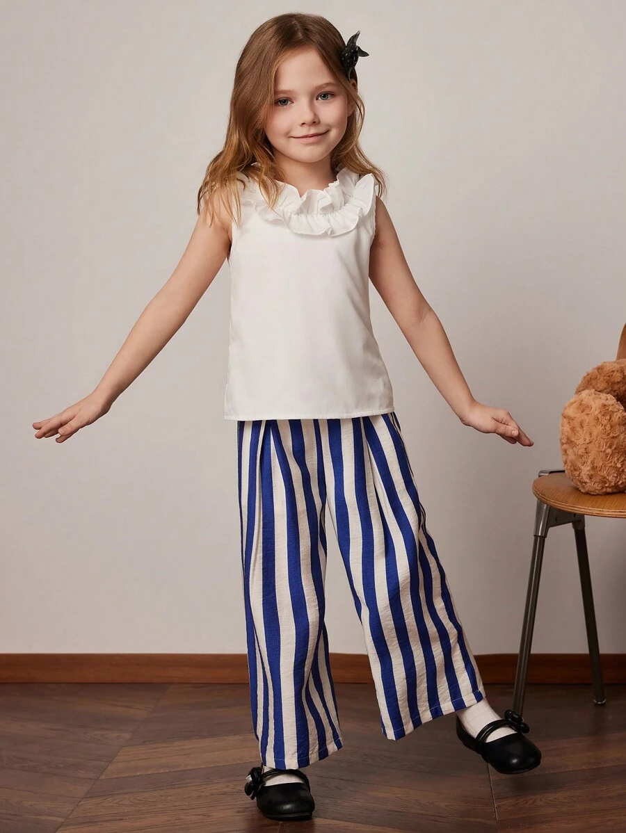 PrepCrw Conjunto de 2 piezas para niñas jóvenes: Camisa blanca con volantes + Pantalones a rayas azules y blancas, primavera/verano - Azul y blanco - Ver 1